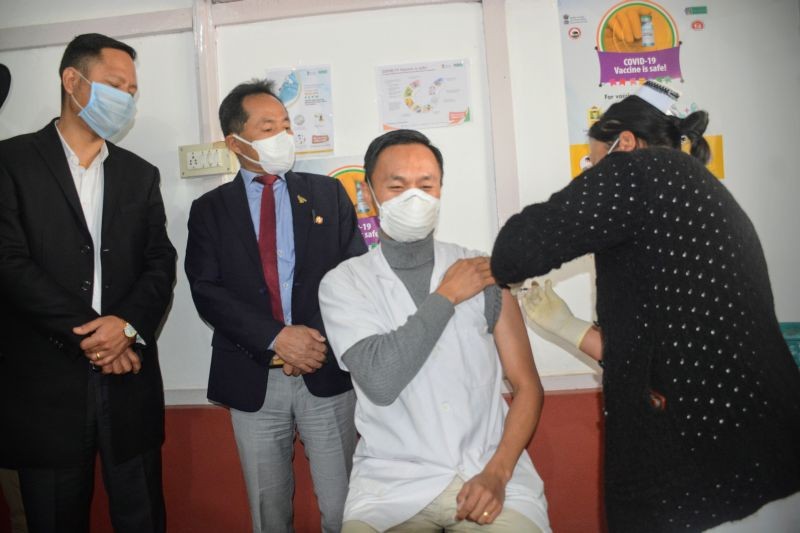 Dr Senilo Magh, Medical Officer receiving the first COVID-19 vaccine at District Hospital Tuensang on January 16. (Morung Photo)